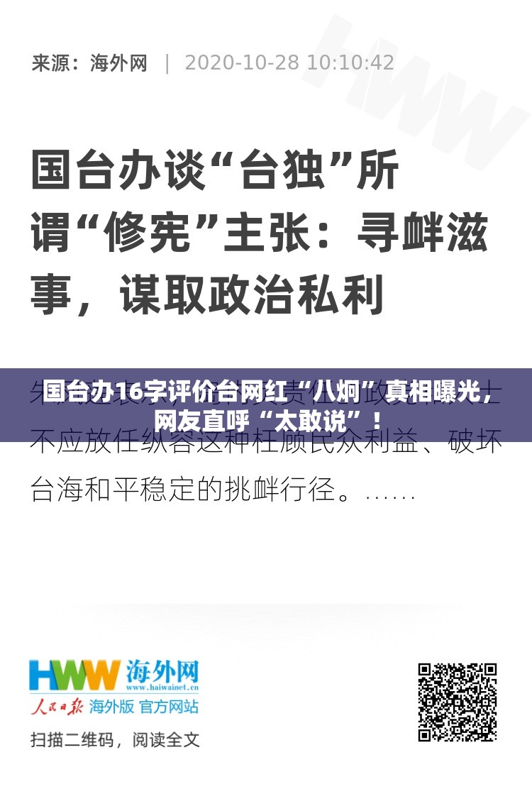 国台办16字评价台网红“八炯”真相曝光，网友直呼“太敢说”！